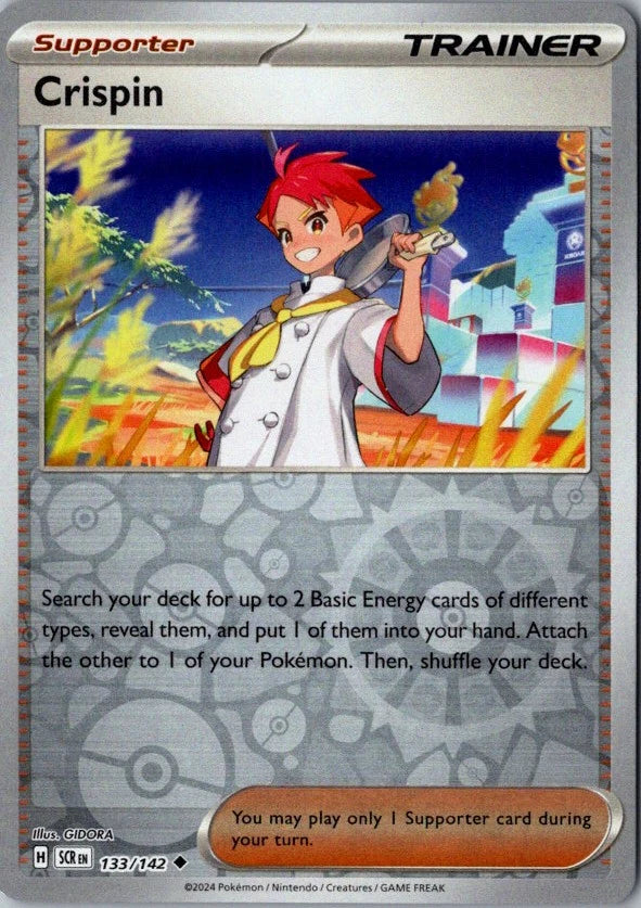 Carta Individual Pokémon Trainer Crispin Reverse 133/142, Supporter Trainer, set Stellar Crown, Ilustración de GIDORA- Thunder Cards México