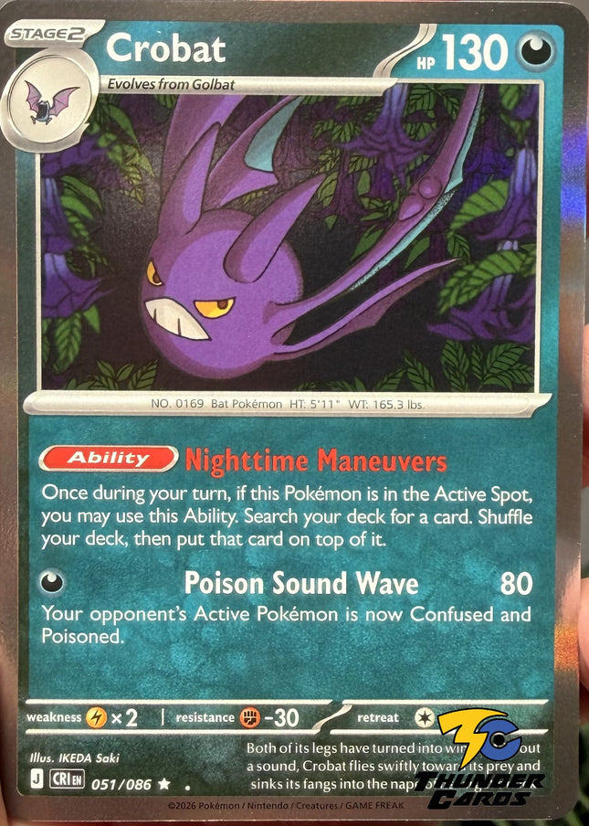 Carta Individual Pokémon Crobat Holo 051/086, Stage 2 Pokémon 130 HP, set Chaos Rising, Ilustración de IKEDA saki - Thunder Cards México