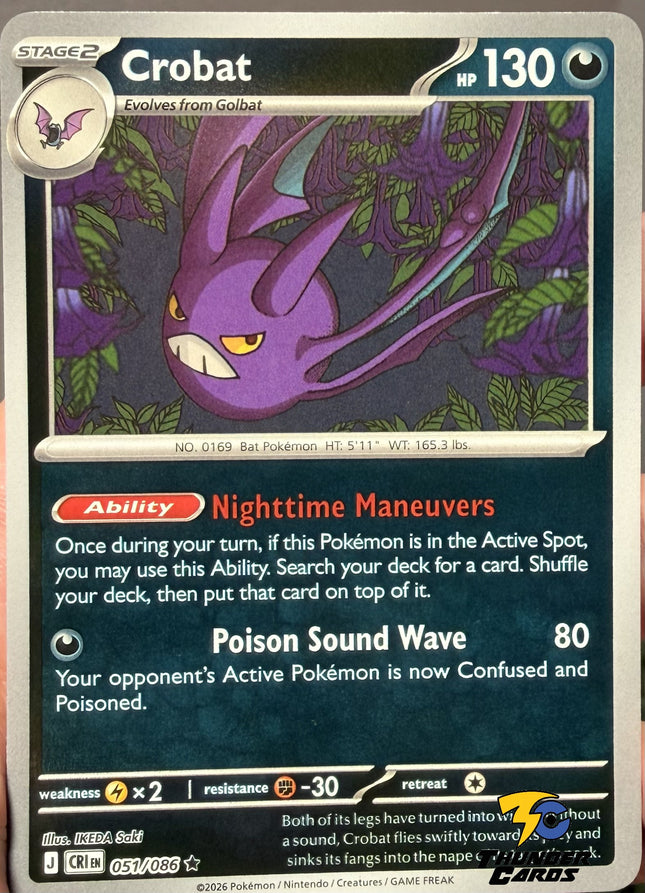 Carta Individual Pokémon Crobat Reverse 051/086, Stage 2 Pokémon 130 HP, set Chaos Rising, Ilustración de IKEDA saki - Thunder Cards México