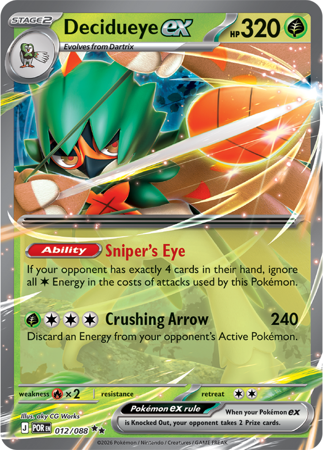 Carta Individual Pokémon Decideueye EX 012/088, Stage 2 Pokémon 320 HP, set Perfect Order, Ilustración de aky CG Works- Thunder Cards México