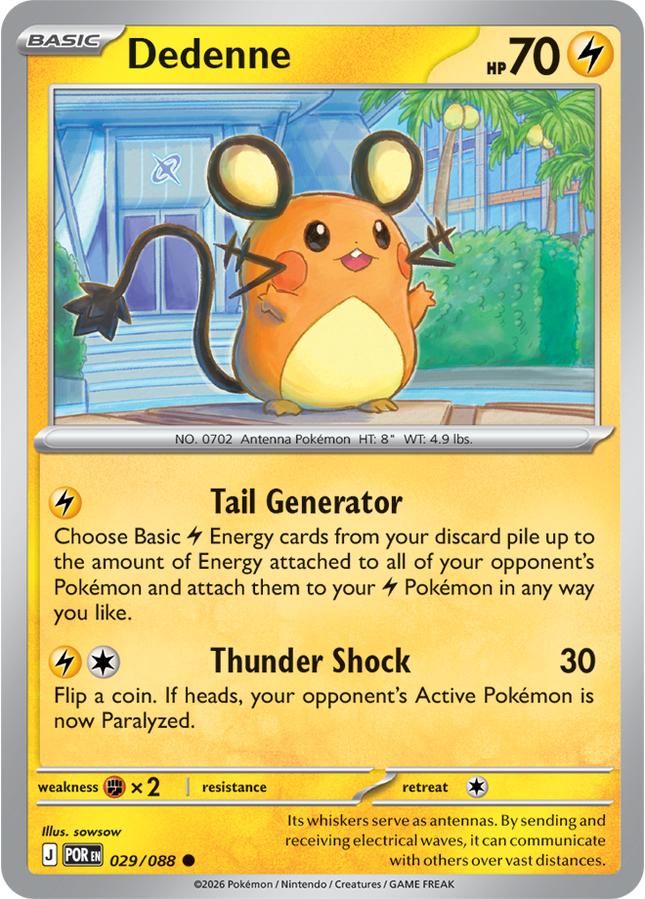 Carta Individual Pokémon Dedenne 029/088, BASIC Pokémon 70 HP, set Perfect Order, Ilustración de sowsow - Thunder Cards México