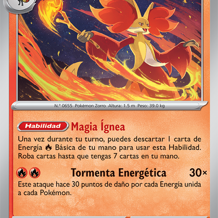 Carta individual de Pokémon TCG Delphox 013/086 rara, Stage 2, set ME4 Chaos Rising. Ilustración mística de Delphox rodeado por un vórtice de fuego dinámico por Gemi - Thunder Cards México.