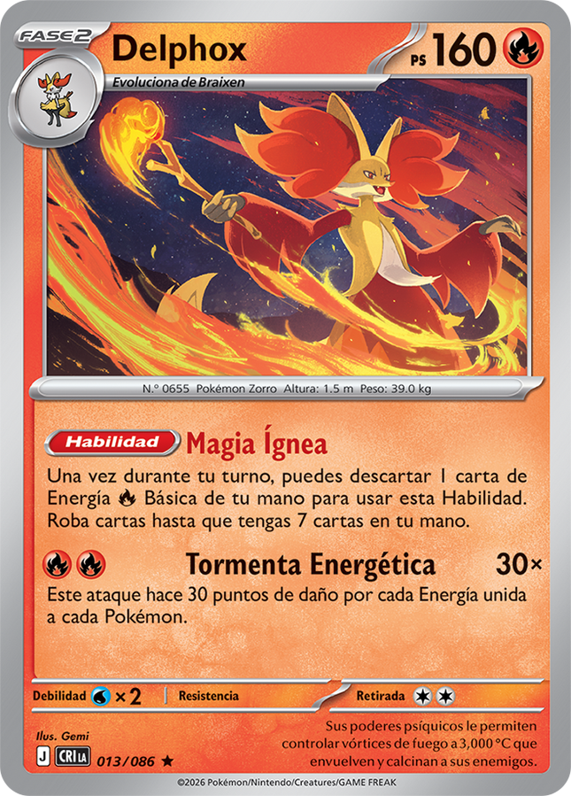 Carta individual de Pokémon TCG Delphox 013/086 rara, Stage 2, set ME4 Chaos Rising. Ilustración mística de Delphox rodeado por un vórtice de fuego dinámico por Gemi - Thunder Cards México.