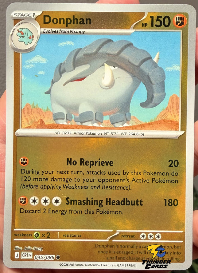 Carta Individual Pokémon Donphan Reverse 045/086, Stage 1 Pokémon 150 HP, set Chaos Rising, Ilustración de Julie Hang - Thunder Cards México