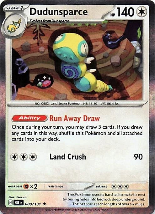 Carta Individual Pokémon Dudunsparce 080/131 , Stage 1 Pokémon 140 HP, set Prismatic Evolutions, Ilustración de Teeziro - Thunder Cards México