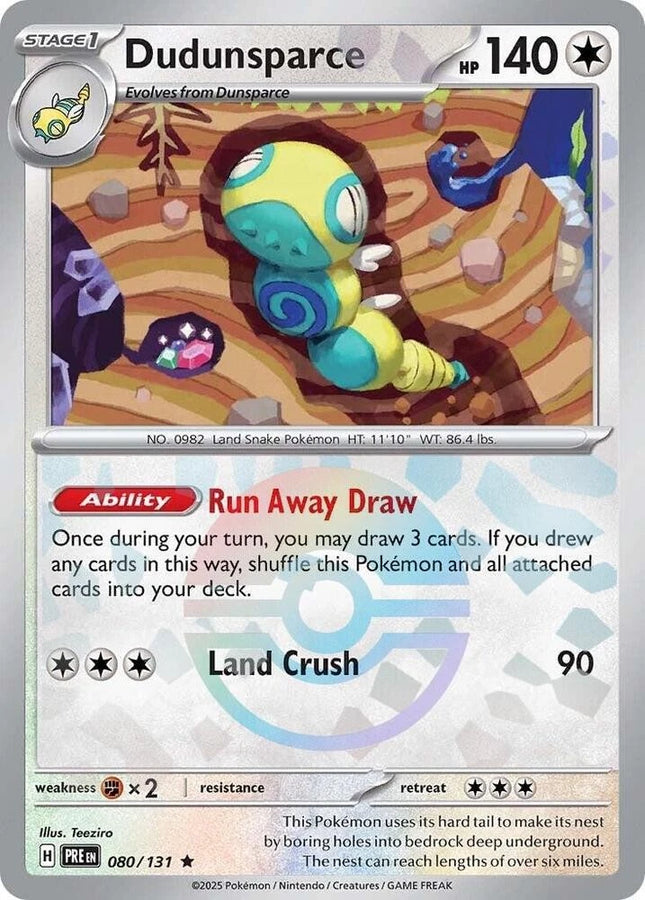 Carta Individual Pokémon Dudunsparce Pokeball Pattern 080/131 , Stage 1 Pokémon 140 HP, set Prismatic Evolutions, Ilustración de Teeziro - Thunder Cards México