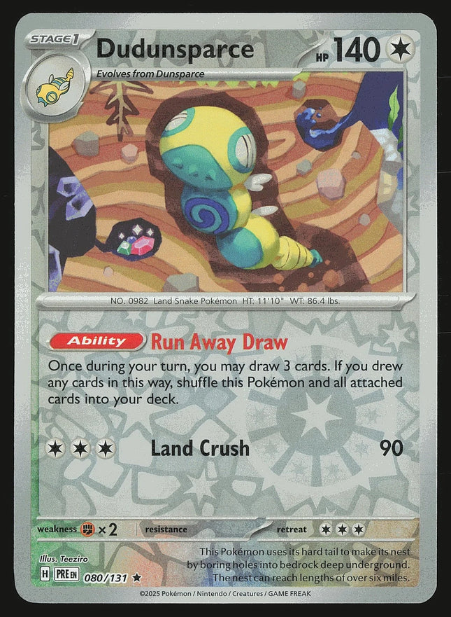 Carta Individual Pokémon Dudunsparce Reverse 080/131 , Stage 1 Pokémon 140 HP, set Prismatic Evolutions, Ilustración de Teeziro - Thunder Cards México