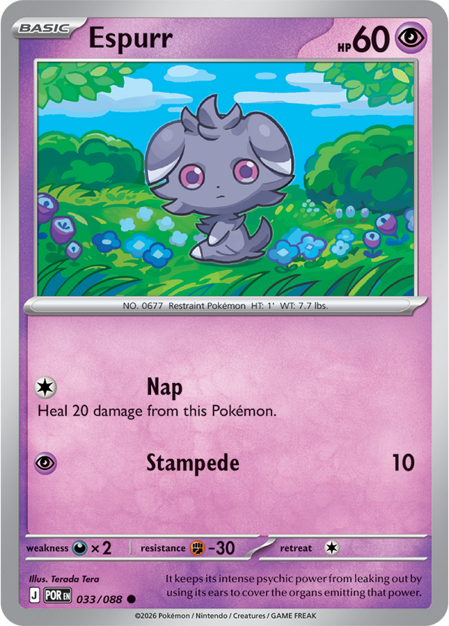 Carta Individual Pokémon Espurr 033/088, BASIC Pokémon 60 HP, set Perfect Order, Ilustración de Terada Tera - Thunder Cards México