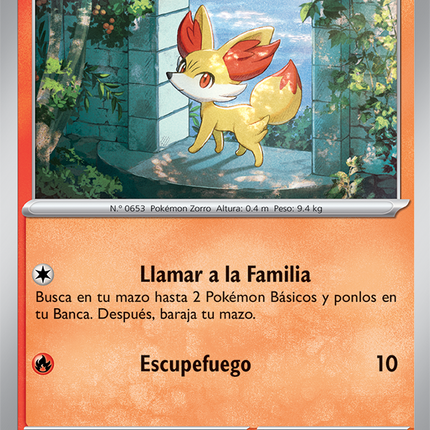 Carta individual Pokémon Fennekin 011/086 común, Basic, set ME4 Chaos Rising. Ilustración de Fennekin parado en un arco de piedra iluminado por el sol, por saino misaki - Thunder Cards México.