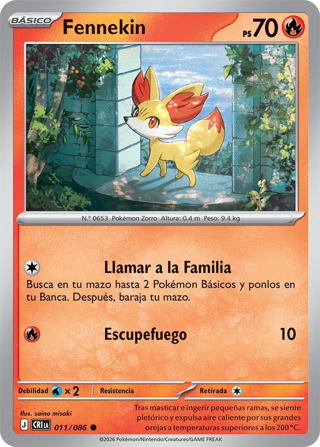Carta individual Pokémon Fennekin 011/086 común, Basic, set ME4 Chaos Rising. Ilustración de Fennekin parado en un arco de piedra iluminado por el sol, por saino misaki - Thunder Cards México.