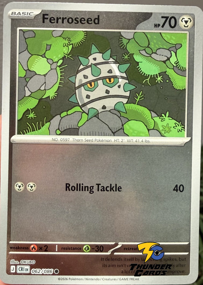 Carta Individual Pokémon Ferroseed Reverse 062/086, BASIC Pokémon 70 HP, set Chaos Rising, Ilustración de OKUBO - Thunder Cards México