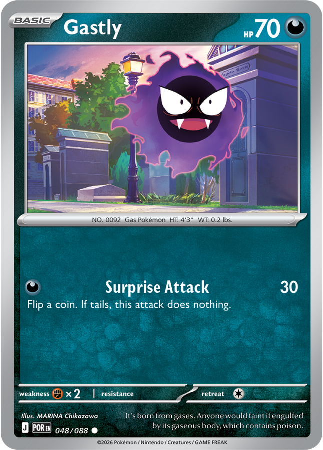 Carta Individual Pokémon Gastly 048/088, BASIC Pokémon 70 HP, set Perfect Order, Ilustración de MARINA Chikazawa - Thunder Cards México