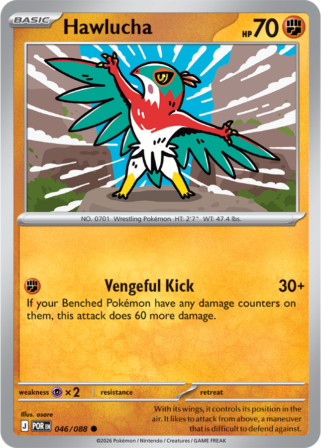 Carta Individual Pokémon Hawlucha 046/088, BASIC Pokémon 70 HP, set Perfect Order, Ilustración de osare - Thunder Cards México