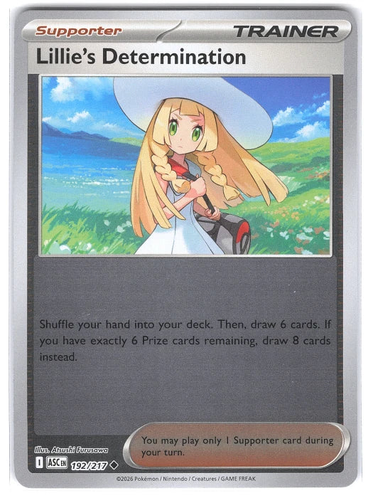 Carta Individual Pokémon Trainer Lillie's Determination 192/217, Supporter Trainer, set Ascended Heroes, Ilustración de Atsushi Furusawa- Thunder Cards México