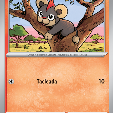 Carta individual Pokémon Litleo 014/086 común, Basic, set ME4 Chaos Rising. Ilustración de Litleo rugiendo sobre una colina rocosa con un cielo despejado por Kouki Saitou - Thunder Cards México.