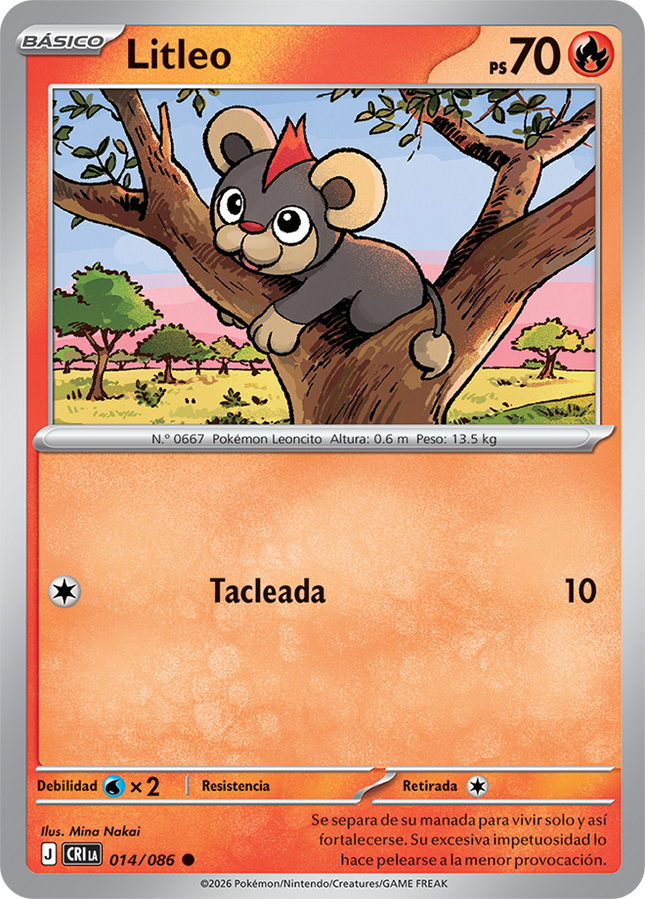Carta individual Pokémon Litleo 014/086 común, Basic, set ME4 Chaos Rising. Ilustración de Litleo rugiendo sobre una colina rocosa con un cielo despejado por Kouki Saitou - Thunder Cards México.