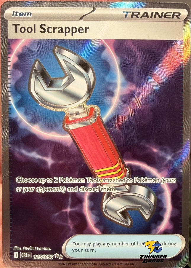 Carta Individual Pokémon Tool Scrapper Ultra Rara 115/086, set Chaos Rising, Ilustración de Studio Bora Inc. - Thunder Cards México
