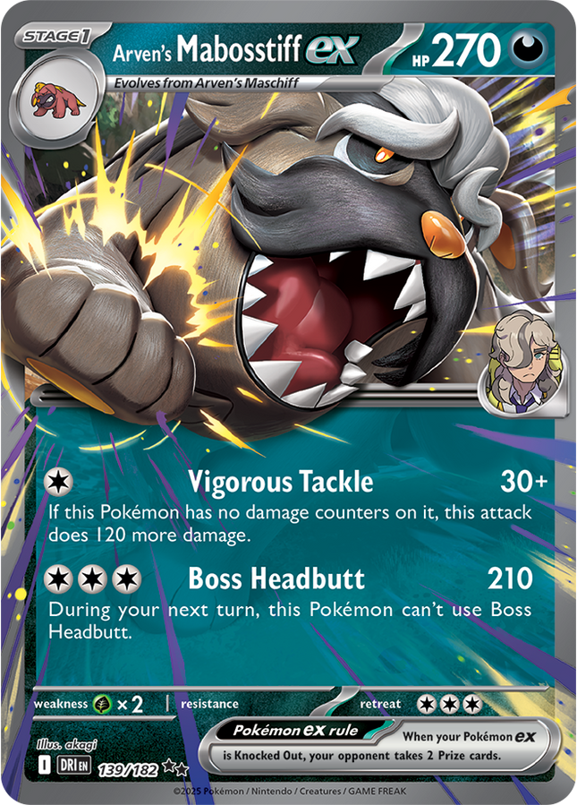 Carta Pokémon Arven's Mabosstiff EX 139/182 del set Destined Rivals de Pokémon TCG en Thunder Cards México