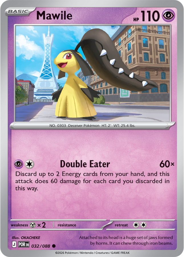Carta Individual Pokémon Mawile 032/088, BASIC Pokémon 110 HP, set Perfect Order, Ilustración de OKACHEKE - Thunder Cards México