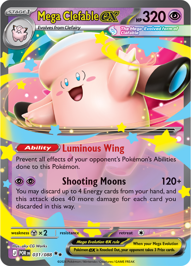 Carta Individual Pokémon Mega Clefable EX 031/088, Stage 1 Pokémon 320 HP, set Perfect Order, Ilustración de aky CG Works - Thunder Cards México