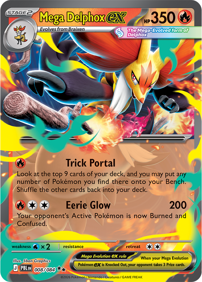 Carta individual Pokémon Mega Delphox EX 008/084, set Pitch Black, en Thunder Cards México