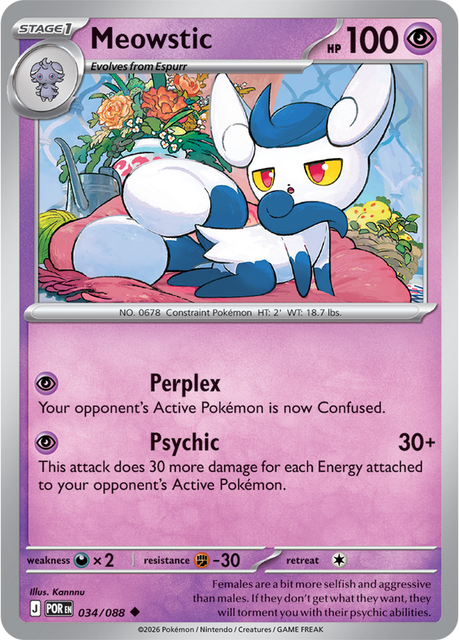 Carta Individual Pokémon Meowstic 033/088, Stage 1 Pokémon 100 HP, set Perfect Order, Ilustración de Kannu - Thunder Cards México