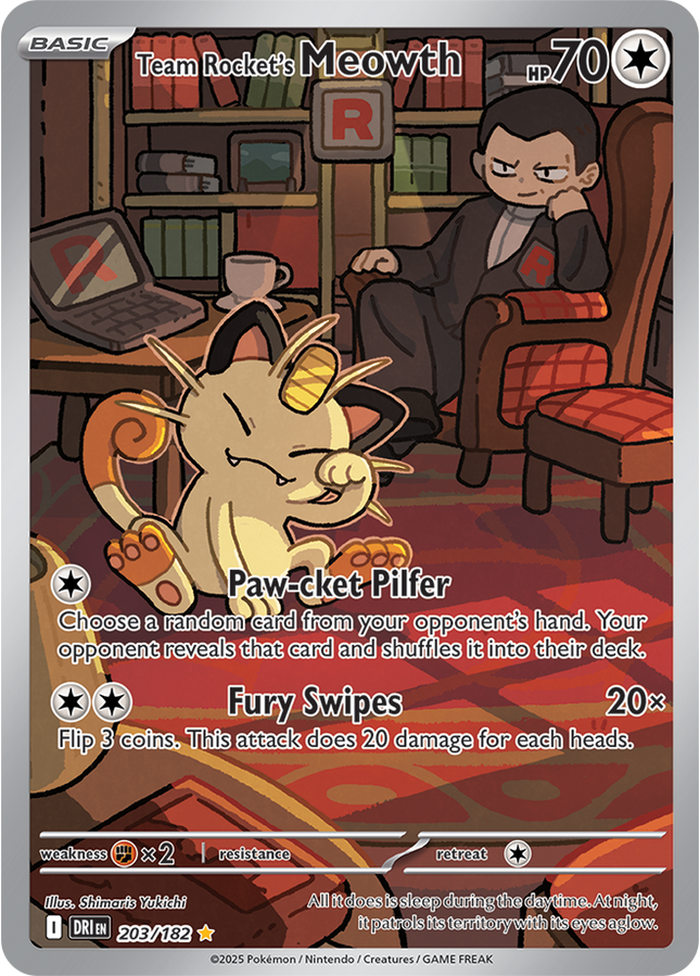 Carta Pokémon Team Rocket's Meowth (IR) 203/182 del set Destined Rivals de Pokémon TCG en Thunder Cards