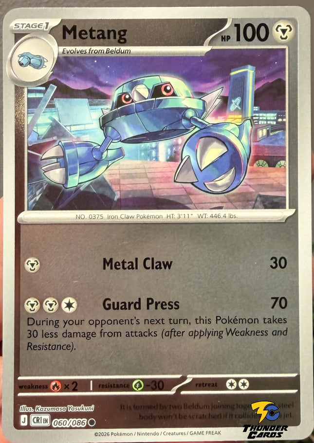 Carta Individual Pokémon Metang Reverse 060/086, Stage 1 Pokémon 100 HP, set Chaos Rising, Ilustración de Kazumasa Yasukini  - Thunder Cards México