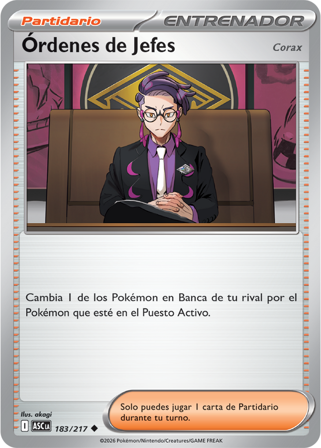 Carta Individual Pokémon Trainer Órdenes de Jefes (Corbeau) 183/217, Supporter Trainer, set Ascended Heroes, Ilustración de akagi- Thunder Cards México, Carta en Español