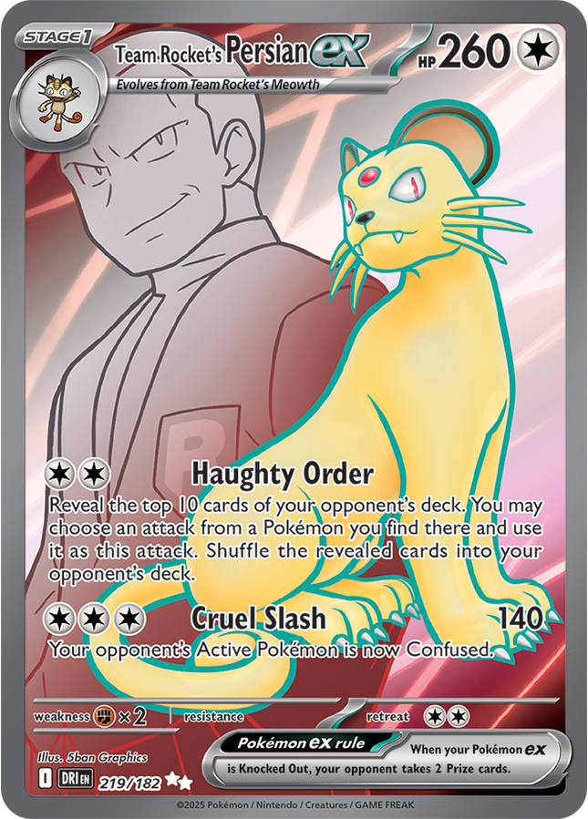 Carta Pokémon Team Rocket's Persian EX (UR) 219/182 del set Destined Rivals de Pokémon TCG en Thunder Cards