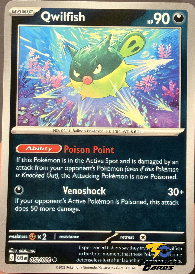 Carta Individual Pokémon Qwilfish Reverse 052/086, BASIC Pokémon 90 HP, set Chaos Rising, Ilustración de nisimono - Thunder Cards México