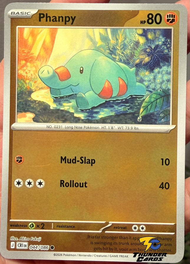 Carta Individual Pokémon Phanpy reverse 044/086, Basic Pokémon 80 HP, set Chaos Rising, Ilustración de Akino Fukiji - Thunder Cards México