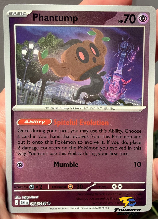 Carta Individual Pokémon Phantump Reverse 038/086, Basic Pokémon 70 HP, set Chaos Rising, Illustracion de Taiga Kosai - Thunder Cards México