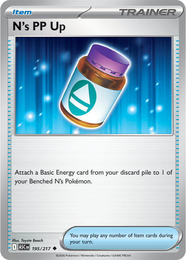 Carta Individual Pokémon Trainer N's PP Up 195/217, Supporter Trainer, set Ascended Heroes,- Thunder Cards México. 
