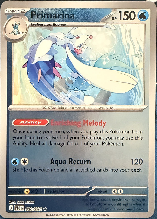 Carta individual Pokémon Primarina 020/084, set Pitch Black, en Thunder Cards México Reverse Holo