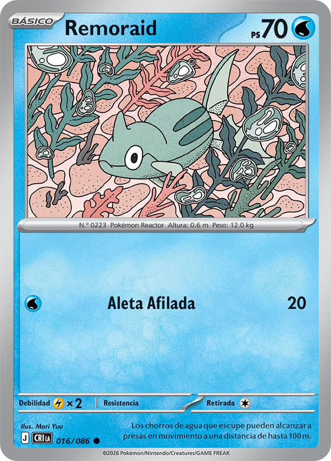 Carta individual Pokémon Remoraid 016/086 común, Basic, set ME4 Chaos Rising. Ilustración de Remoraid nadando alegremente bajo el agua cerca de un arrecife por Sanosuke Sakuma - Thunder Cards México.