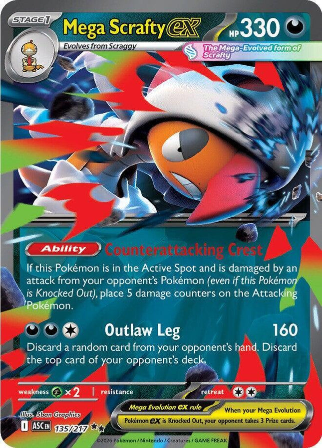 Carta Pokémon Mega Scrafty EX (DR) 135/217 del set Ascended Heroes de Pokémon TCG en Thunder Cards