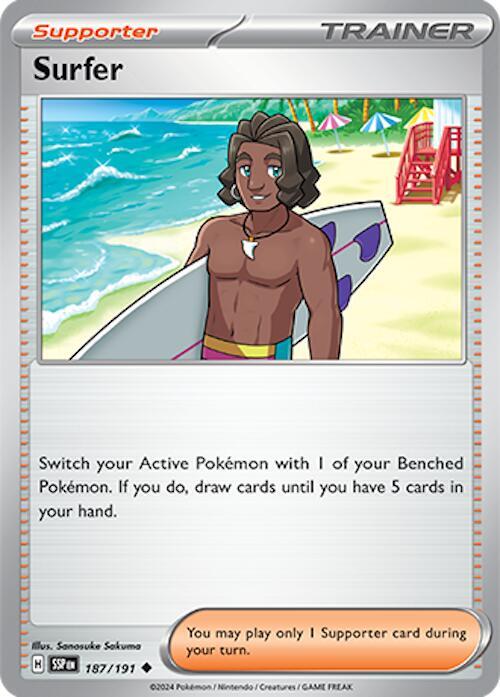 Carta Individual Pokémon Trainer Surfer 187/191, Supporter Trainer, set Surging Sparks, Ilustración de Sanosuke Sakuma - Thunder Cards México
