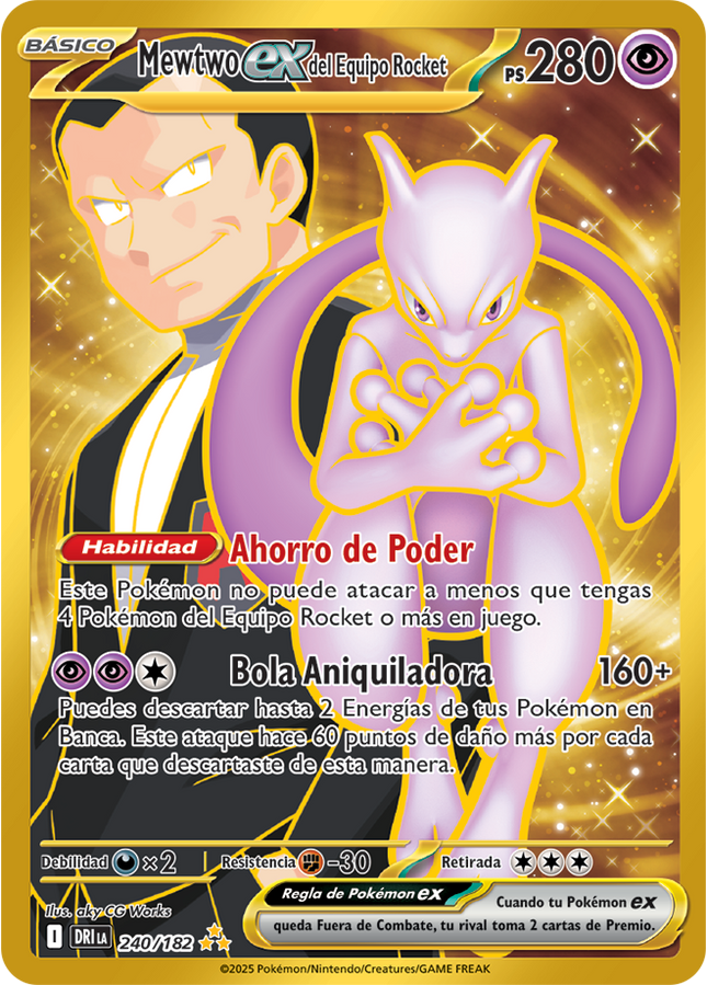 Carta Pokémon Team Rocket's Mewtwo EX Hyper Rare 240/182 del set Destined Rivals de Pokémon TCG en Thunder Cards México Carta en Español