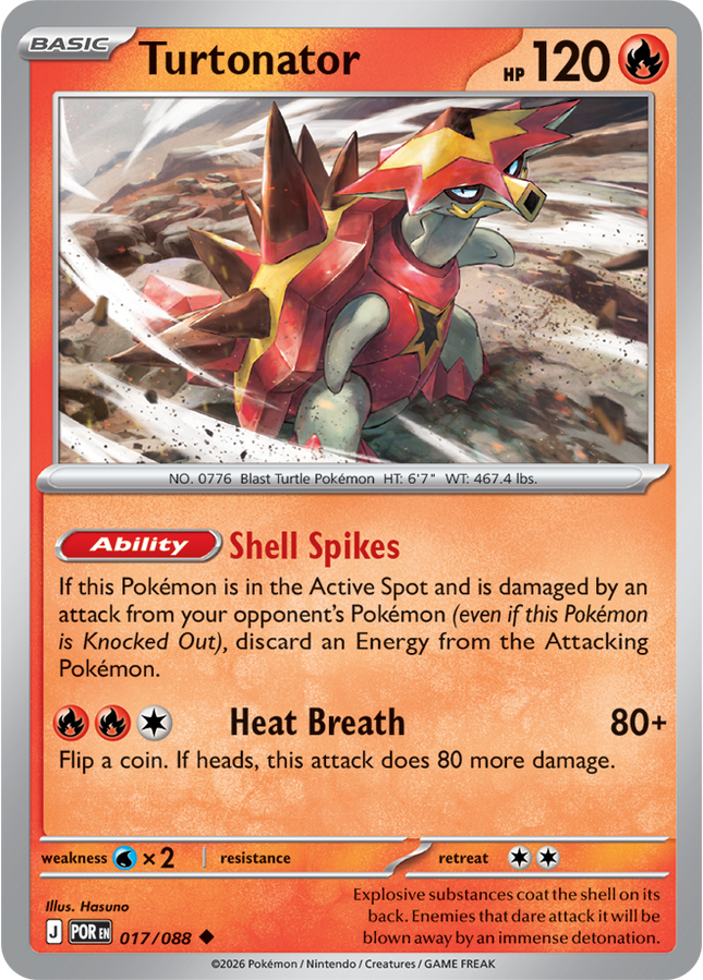 Carta Individual Pokémon Turtonator 017/088, BASIC Pokémon 120 HP, set Perfect Order, Ilustración de Hausuno - Thunder Cards México