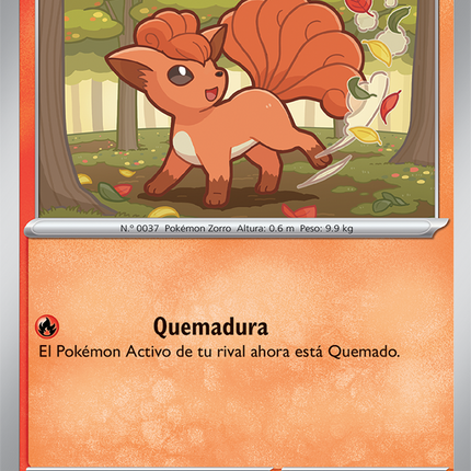 Carta individual Pokémon Vulpix 008/086 común, Basic, set ME4 Chaos Rising. Ilustración de Vulpix corriendo feliz en un bosque de otoño con hojas secas flotando por Yoshimoto Yoshimon - Thunder Cards México.