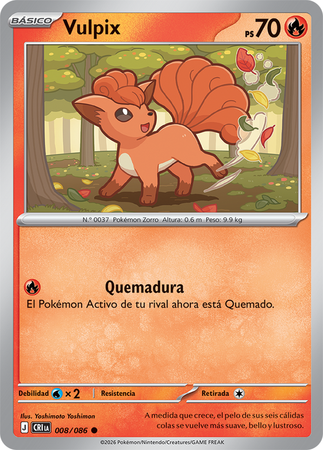 Carta individual Pokémon Vulpix 008/086 común, Basic, set ME4 Chaos Rising. Ilustración de Vulpix corriendo feliz en un bosque de otoño con hojas secas flotando por Yoshimoto Yoshimon - Thunder Cards México.