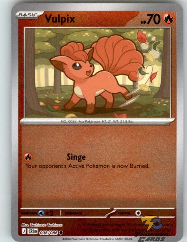Carta individual Pokémon Vulpix Reverse 008/086 común, Basic, set ME4 Chaos Rising. Ilustración de Vulpix corriendo feliz en un bosque de otoño con hojas secas flotando por Yoshimoto Yoshimon - Thunder Cards México.