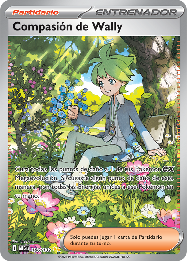 Carta Individual Pokémon Trainer Compasión de Wally 186/132, Supporter Trainer, set Mega Evolution, Ilustración de Jiro Sasuma- Thunder Cards México Carta en Español