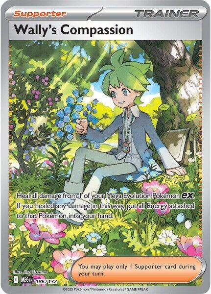 Carta Individual Pokémon Trainer Wally's  Compassion 186/132, Supporter Trainer, set Mega Evolution, Ilustración de Jiro Sasuma- Thunder Cards México