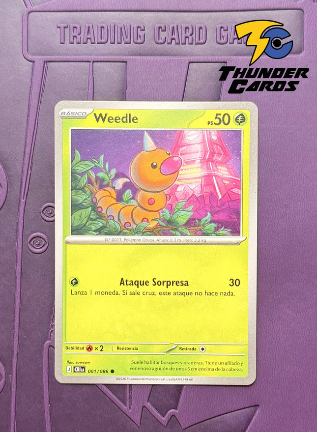 Carta individual Pokémon Weedle 001/086 común, set Chaos Rising, ilustración de sowsow - Thunder Cards México.