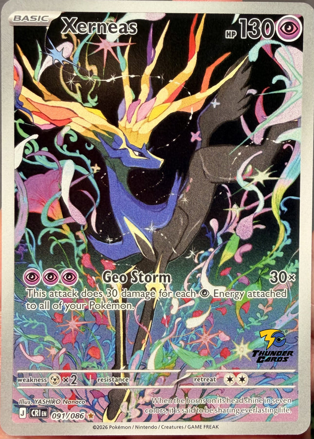 Carta Individual Pokémon Xerneas Ilustración Especial 091/086, BASIC Pokémon 130 HP, set Chaos Rising, Ilustración de YASHIRO Nanaco- Thunder Cards México