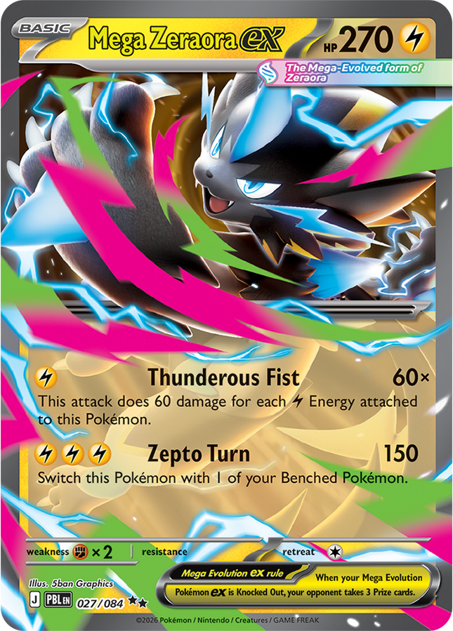 Carta individual Pokémon Mega Zeraora EX 027/084, set Pitch Black, en Thunder Cards México 