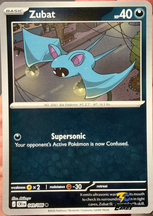Carta Individual Pokémon Zubat Reverse 049/086, BASIC Pokémon 40 HP, set Chaos Rising, Ilustración de Mékayu - Thunder Cards México